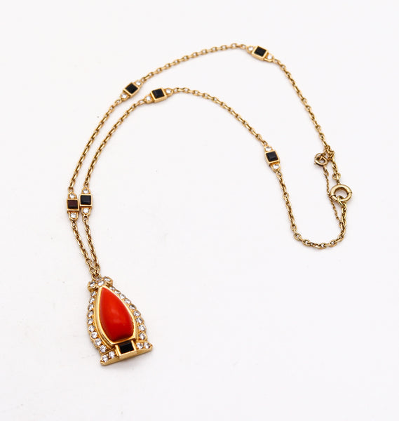 CARTIER Paris 1940 Art Deco Necklace In 18Kt Gold With Diamonds Coral & Onyxes