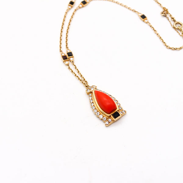 CARTIER Paris 1940 Art Deco Necklace In 18Kt Gold With Diamonds Coral & Onyxes