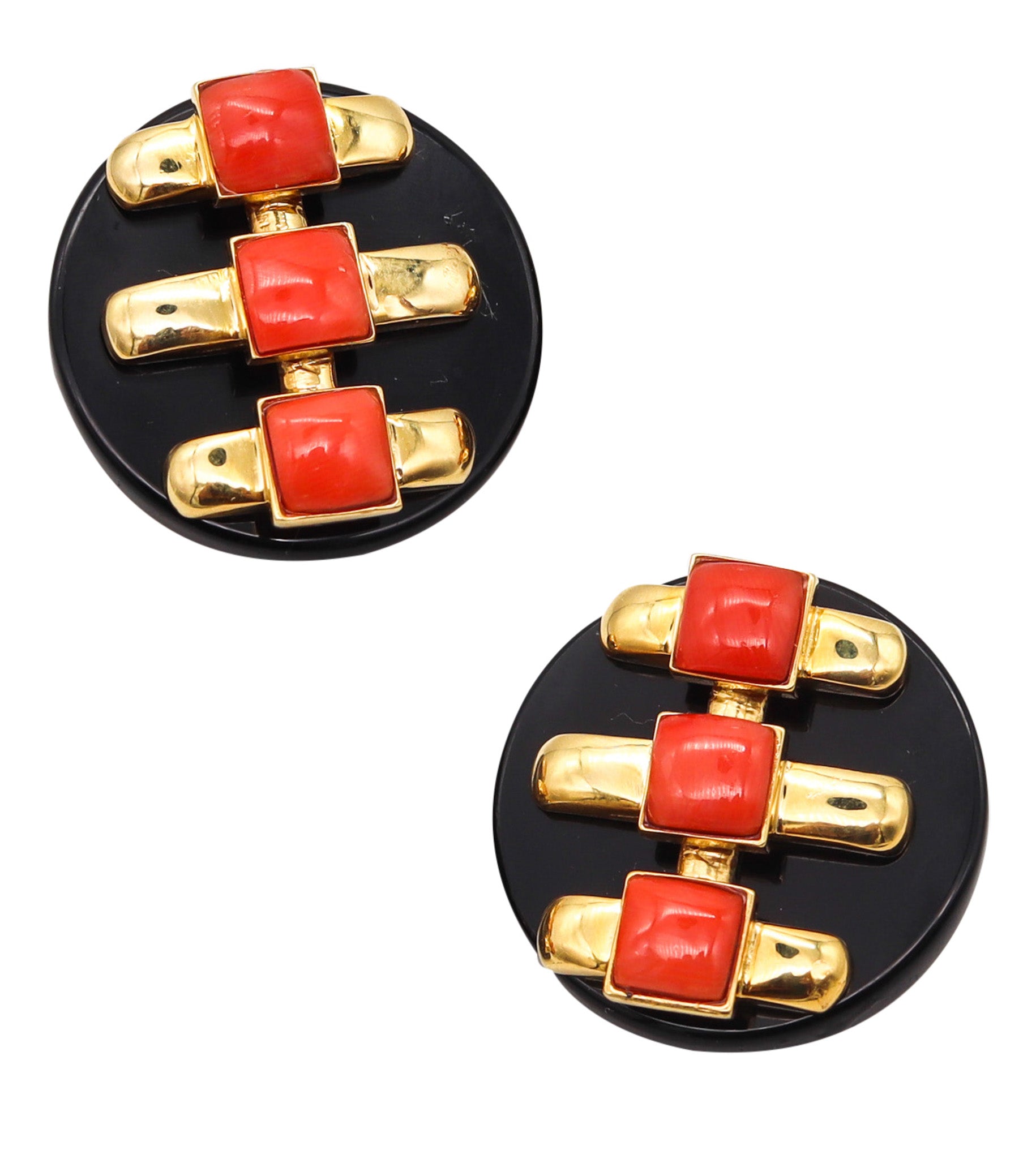 -Cartier 1974 Aldo Cipullo Geometric Earrings In 18Kt Yellow Gold With Onyx & Coral