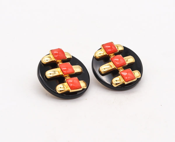 -Cartier 1974 Aldo Cipullo Geometric Earrings In 18Kt Yellow Gold With Onyx & Coral