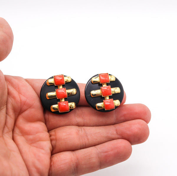 -Cartier 1974 Aldo Cipullo Geometric Earrings In 18Kt Yellow Gold With Onyx & Coral