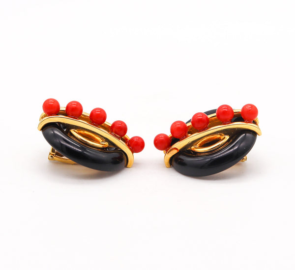 -Cartier 1974 Aldo Cipullo Sculptural Earrings In 18Kt Yellow Gold With Onyx & Coral