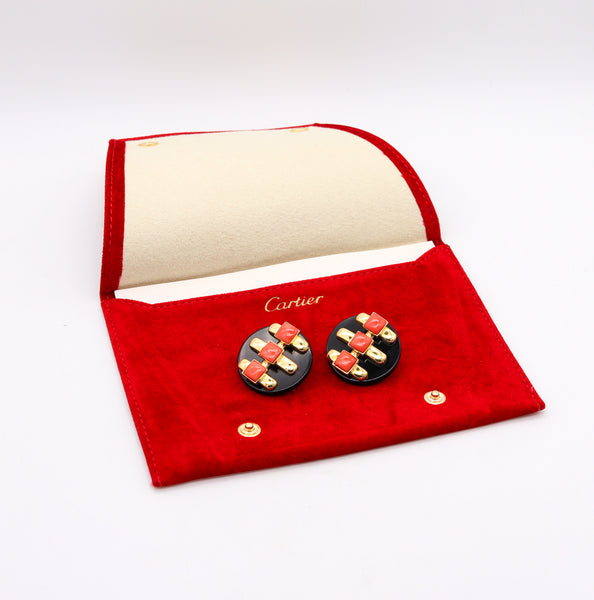 -Cartier 1974 Aldo Cipullo Geometric Earrings In 18Kt Yellow Gold With Onyx & Coral