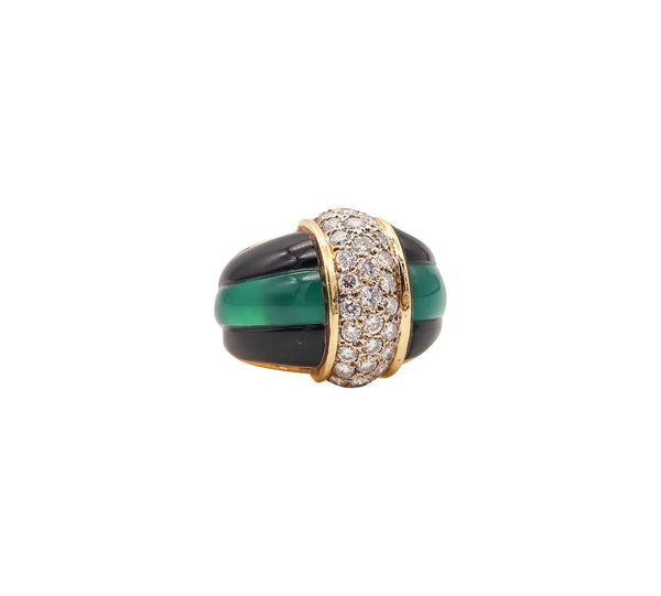 ITALIAN Modernist Chrysoprase & Onyx Ring Band In 18Kt Gold With 1.60 Cts Diamonds