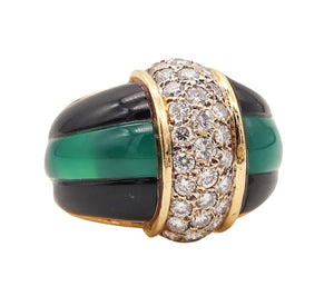 ITALIAN Modernist Chrysoprase & Onyx Ring Band In 18Kt Gold With 1.60 Cts Diamonds