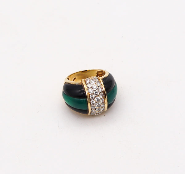 ITALIAN Modernist Chrysoprase & Onyx Ring Band In 18Kt Gold With 1.60 Cts Diamonds