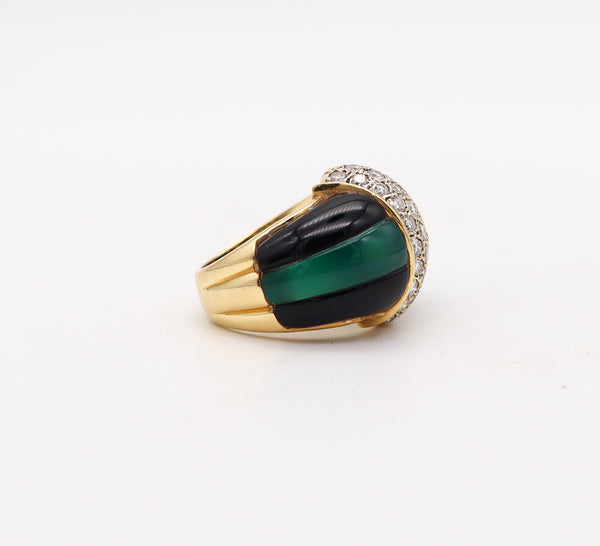 ITALIAN Modernist Chrysoprase & Onyx Ring Band In 18Kt Gold With 1.60 Cts Diamonds