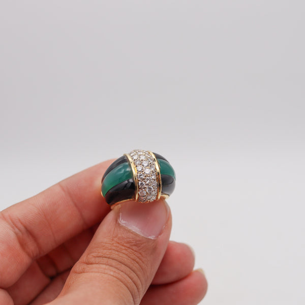 ITALIAN Modernist Chrysoprase & Onyx Ring Band In 18Kt Gold With 1.60 Cts Diamonds