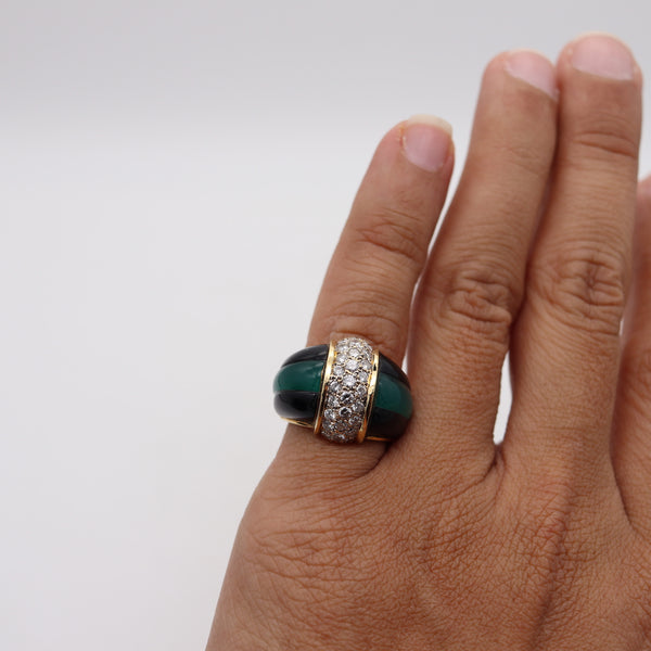 ITALIAN Modernist Chrysoprase & Onyx Ring Band In 18Kt Gold With 1.60 Cts Diamonds