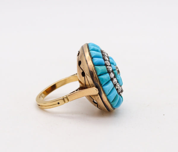 VICTORIAN 1850 Cocktail Ring In 15Kt Gold With Turquoise And Rose Cut Diamonds