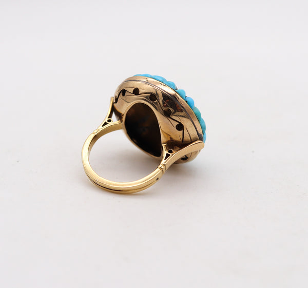 VICTORIAN 1850 Cocktail Ring In 15Kt Gold With Turquoise And Rose Cut Diamonds