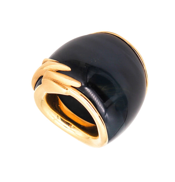 SWISS Sculptural Hawk Eye Gemstone Ring Band In 18Kt Yellow Gold