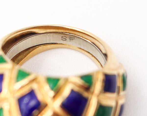 SPRITZER & FUHRMANN 1960 Enameled Cocktail Ring In Solid 18Kt Yellow Gold