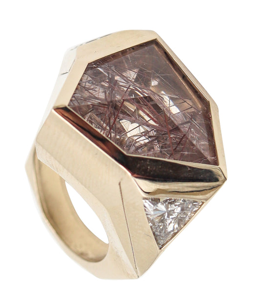 KAVERAS Geometric Cocktail Ring In 18Kt Gold With Diamonds & Rutile Quartz