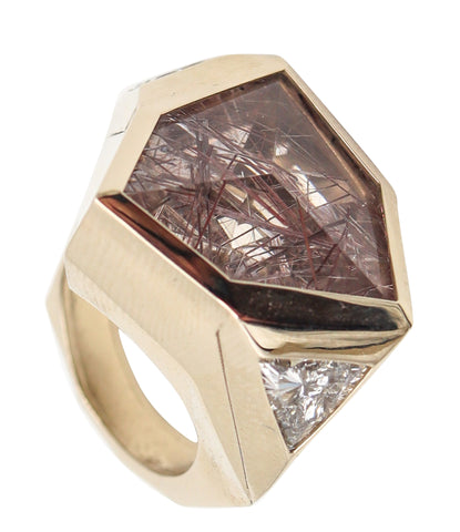KAVERAS Geometric Cocktail Ring In 18Kt Gold With Diamonds & Rutile Quartz