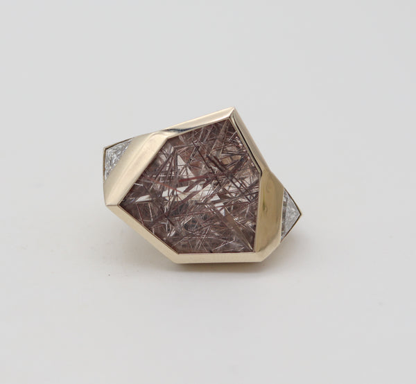 KAVERAS Geometric Cocktail Ring In 18Kt Gold With Diamonds & Rutile Quartz