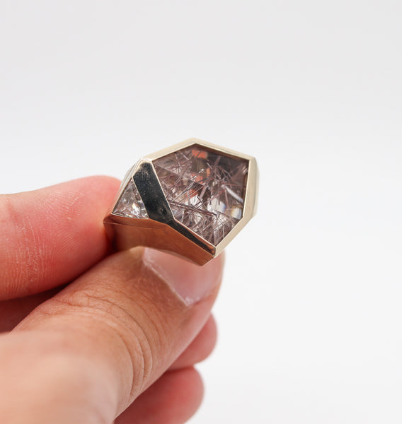 KAVERAS Geometric Cocktail Ring In 18Kt Gold With Diamonds & Rutile Quartz