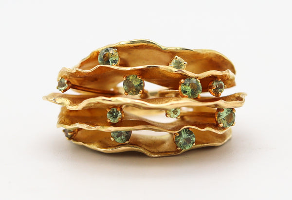 AUDE LECHERE Sculptural Cocktail Ring In 18Kt Yellow Gold With Green Sapphires