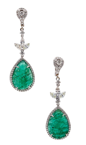-Dangle Drop Earrings In 18Kt Gold With 20.68 Ctw In Diamonds And Carved Emeralds