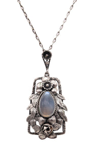 -Fratelli Peruzzi 1920 Florence Art Nouveau Necklace In Sterling Silver With Moonstone