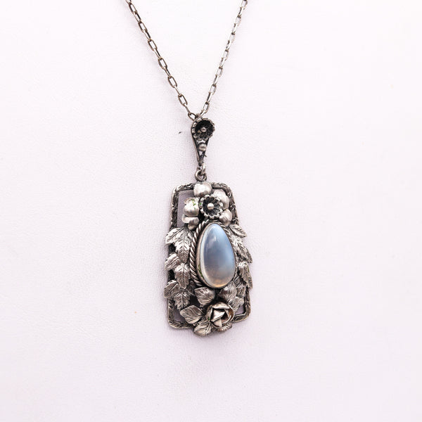 -Fratelli Peruzzi 1920 Florence Art Nouveau Necklace In Sterling Silver With Moonstone