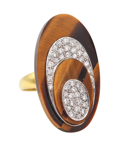 MODERNIST 1970 Geometric Tiger Eye Cocktail Ring In 14Kt Gold With Diamonds