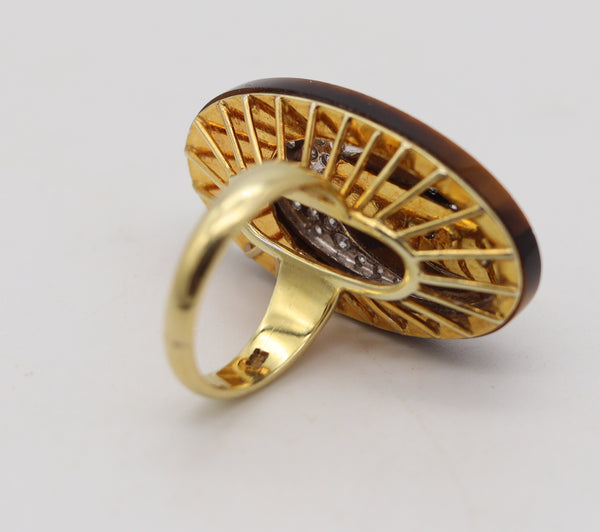 MODERNIST 1970 Geometric Tiger Eye Cocktail Ring In 14Kt Gold With Diamonds