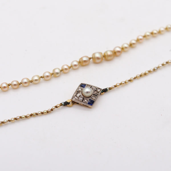 -Edwardian 1910 Natural Pearls Necklace In 18Kt Gold With Diamonds And Sapphires