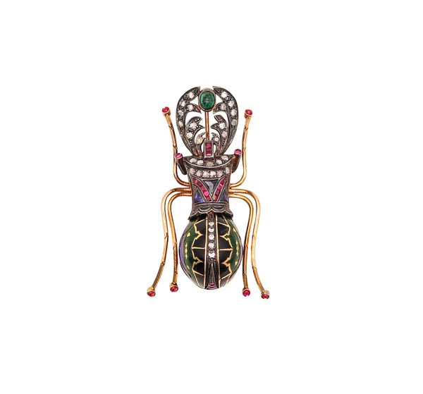 EDWARDIAN Art Nouveau 1900 Scarab Brooch Gold Silver Diamonds And Gemstones