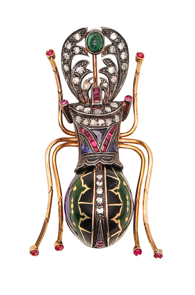 EDWARDIAN Art Nouveau 1900 Scarab Brooch Gold Silver Diamonds And Gemstones