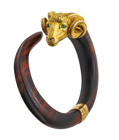GAY FRERES 1970 France Zodiac Ram Wood Bracelet In 18Kt Gold With Emeralds