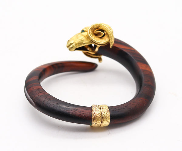 GAY FRERES 1970 France Zodiac Ram Wood Bracelet In 18Kt Gold With Emeralds