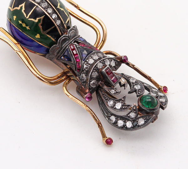 EDWARDIAN Art Nouveau 1900 Scarab Brooch Gold Silver Diamonds And Gemstones