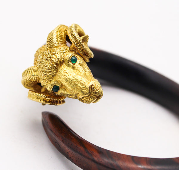GAY FRERES 1970 France Zodiac Ram Wood Bracelet In 18Kt Gold With Emeralds