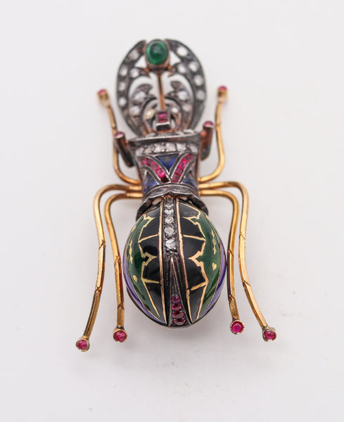 EDWARDIAN Art Nouveau 1900 Scarab Brooch Gold Silver Diamonds And Gemstones