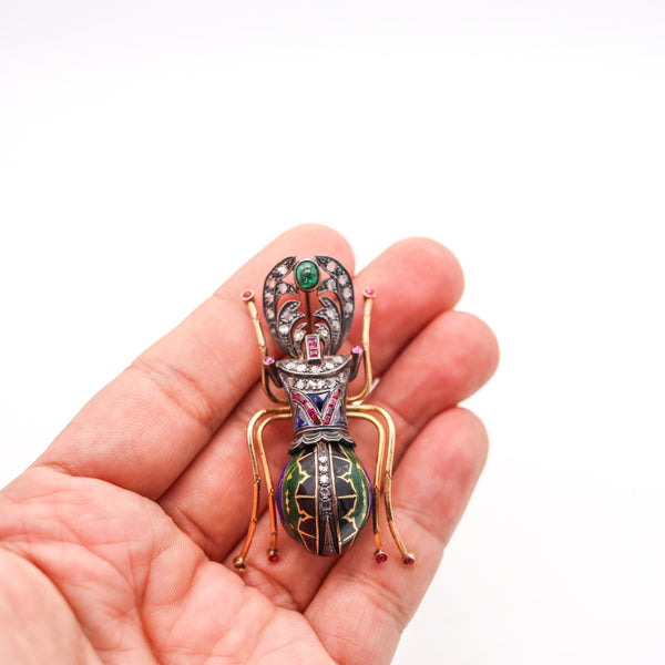 EDWARDIAN Art Nouveau 1900 Scarab Brooch Gold Silver Diamonds And Gemstones