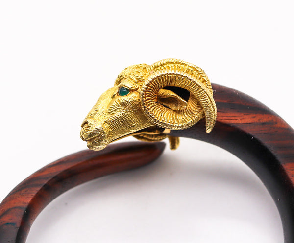 GAY FRERES 1970 France Zodiac Ram Wood Bracelet In 18Kt Gold With Emeralds