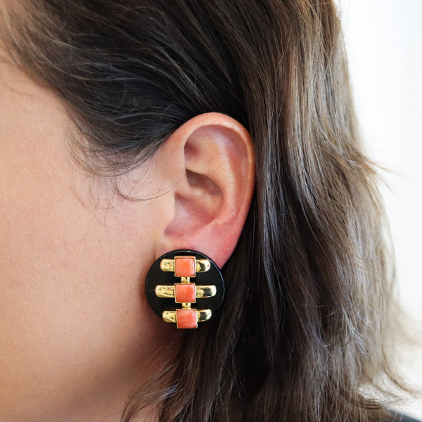 -Cartier 1974 Aldo Cipullo Geometric Earrings In 18Kt Yellow Gold With Onyx & Coral