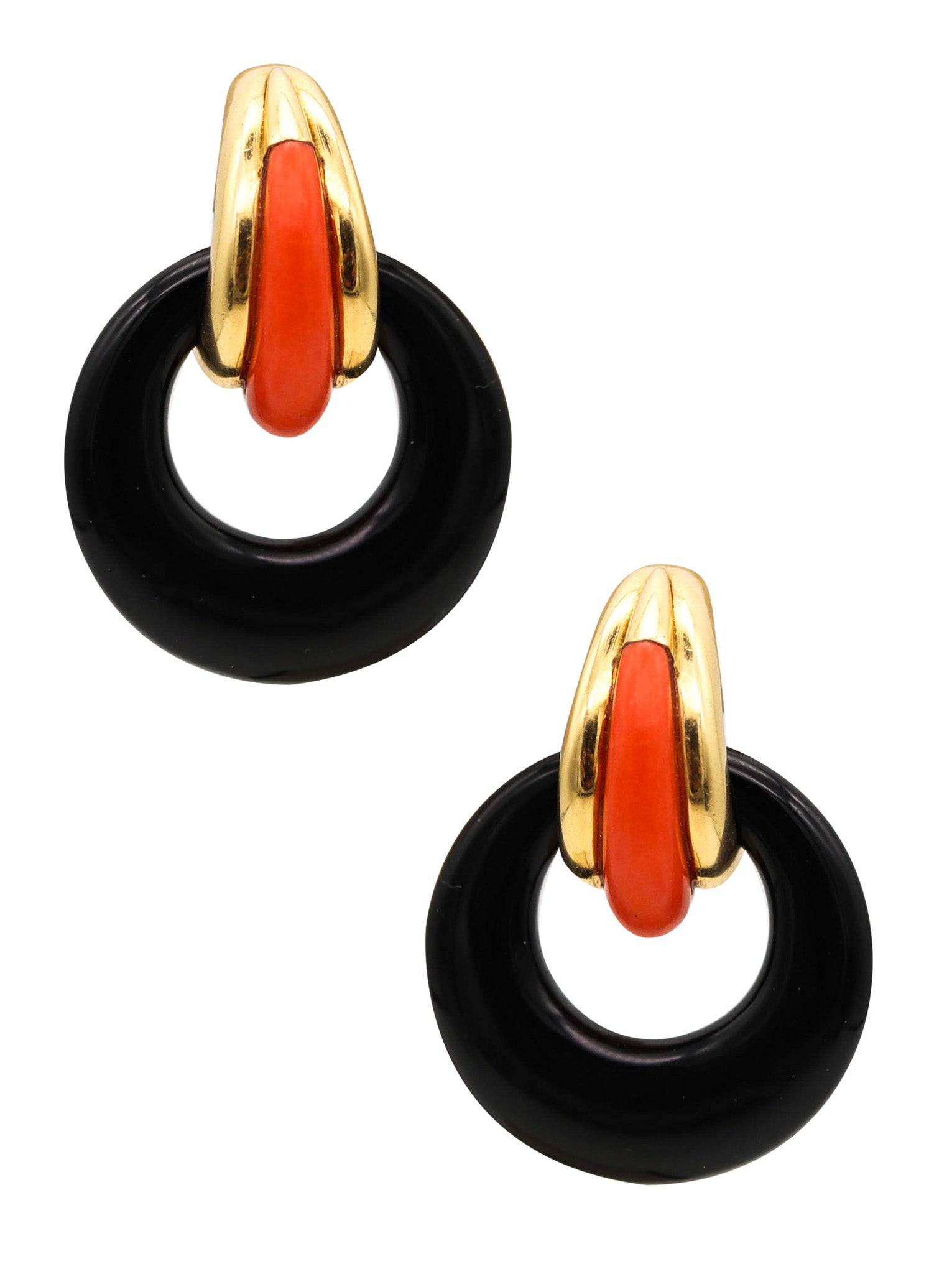 MODERNIST 1970 Convertible Clips Earrings In 18Kt Yellow Gold With Coral & Onyx