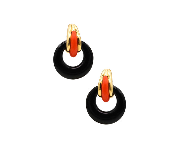 MODERNIST 1970 Convertible Clips Earrings In 18Kt Yellow Gold With Coral & Onyx