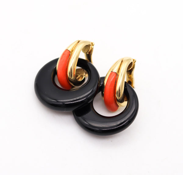 MODERNIST 1970 Convertible Clips Earrings In 18Kt Yellow Gold With Coral & Onyx