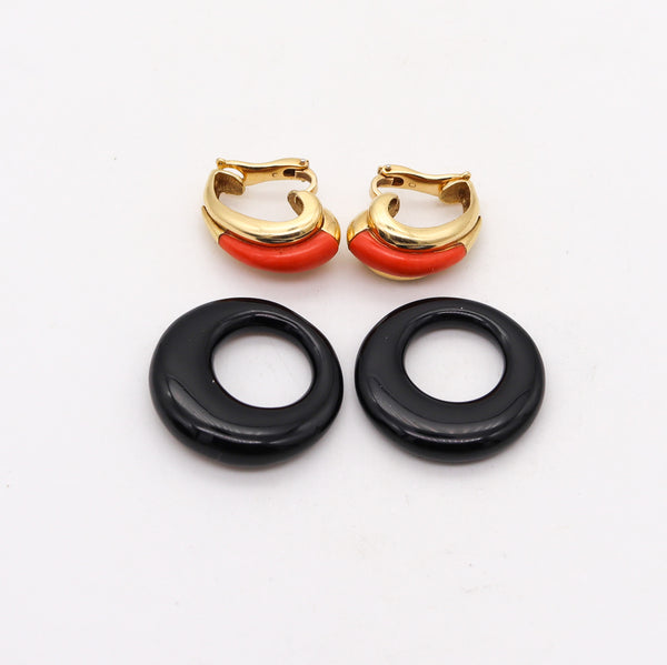 MODERNIST 1970 Convertible Clips Earrings In 18Kt Yellow Gold With Coral & Onyx