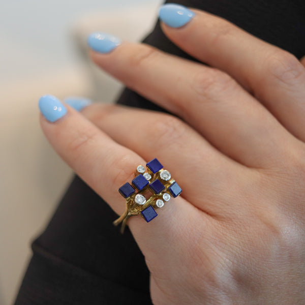 SCANDINAVIAN 1970 Geometric Ring In 14Kt Yellow Gold With Diamonds And Lapis Lazuli