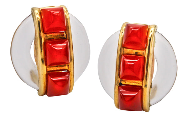 CARTIER 1973 By Aldo Cipullo Clips On Earrings In 18Kt Gold Rock Crystal & Carnelians