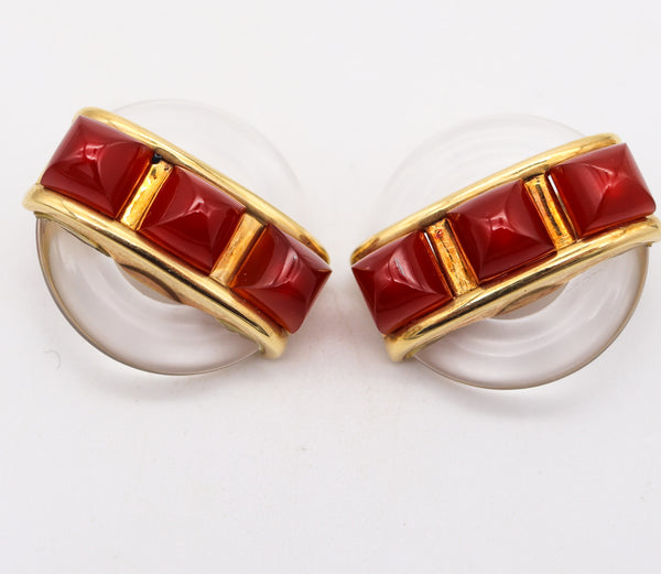 CARTIER 1973 By Aldo Cipullo Clips On Earrings In 18Kt Gold Rock Crystal & Carnelians