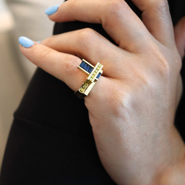 -Robert Trisko Geometric Rings In 14Kt Gold With 1.77 Ctw Diamonds And Sapphires