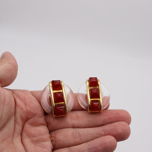CARTIER 1973 By Aldo Cipullo Clips On Earrings In 18Kt Gold Rock Crystal & Carnelians