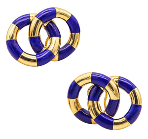 ANGELA CUMMINGS Circled Geometric Clips On Earrings In 18Kt Gold With Lapis