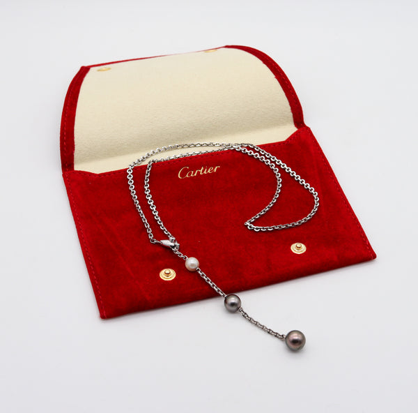 -Cartier Paris Calin Lariat Necklace In 18Kt White Gold With Diamond And Three Pearls