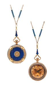 -Edwardian 1903 Swiss Necklace Watch In 14Kt Gold With Guilloché Blue Enamel